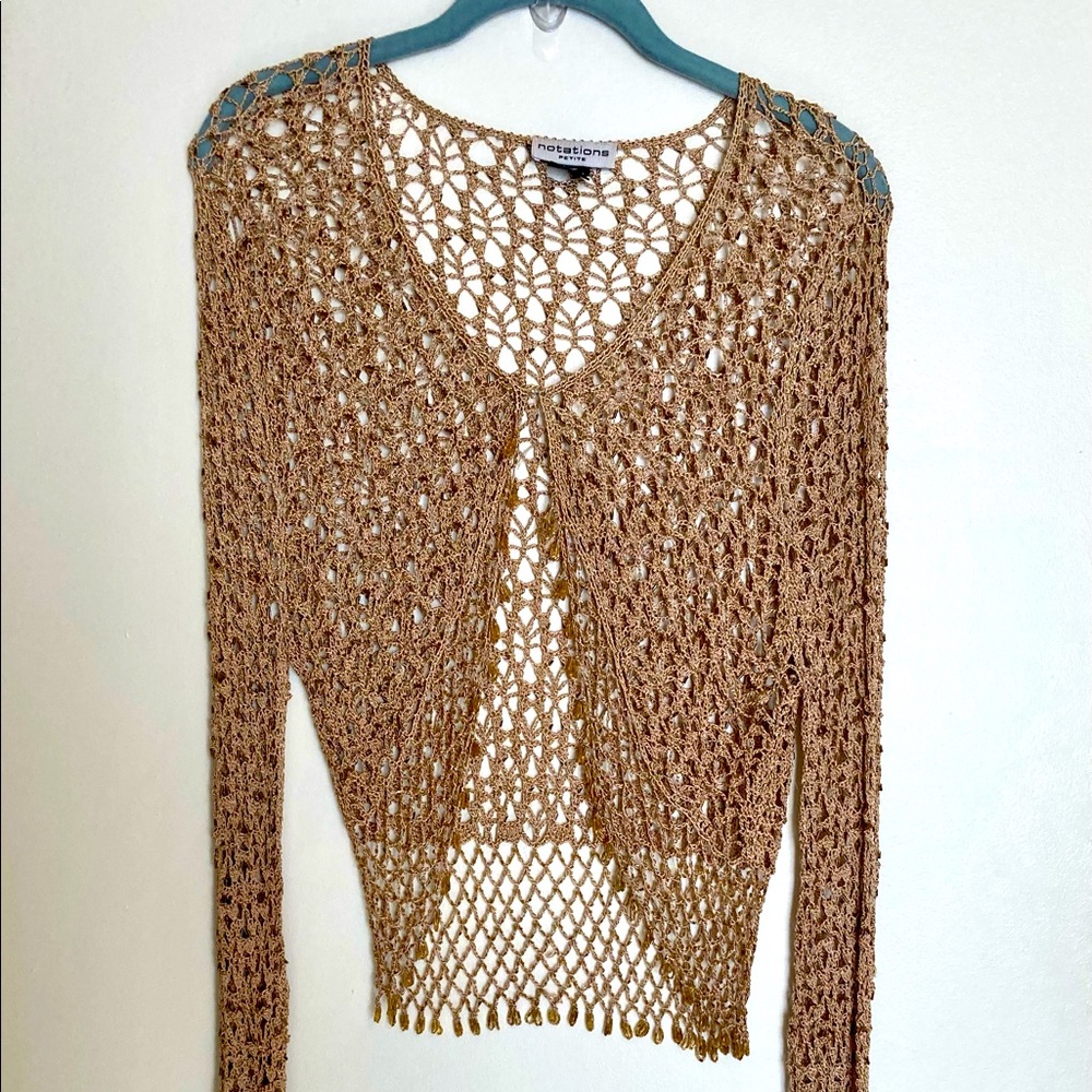 Vintage Beaded Cardigan Tan Beige Demure Boho Lacy Eclectic Grandma Petite S